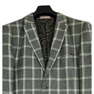 Inserch Blazer Mens 3XL Green Plaid 100% Linen 2 Button Sport Coat Paisley Lined